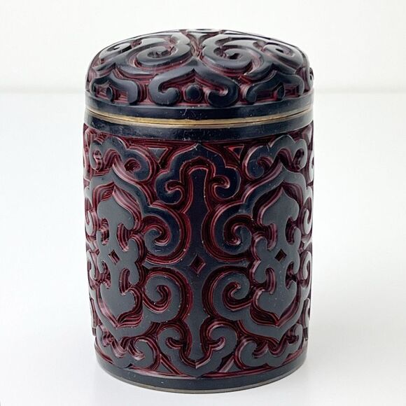 Antique Chinese Hand Carved Cinnabar Canister Jar Box Black and Red Blue Inside - Picture 1 of 14